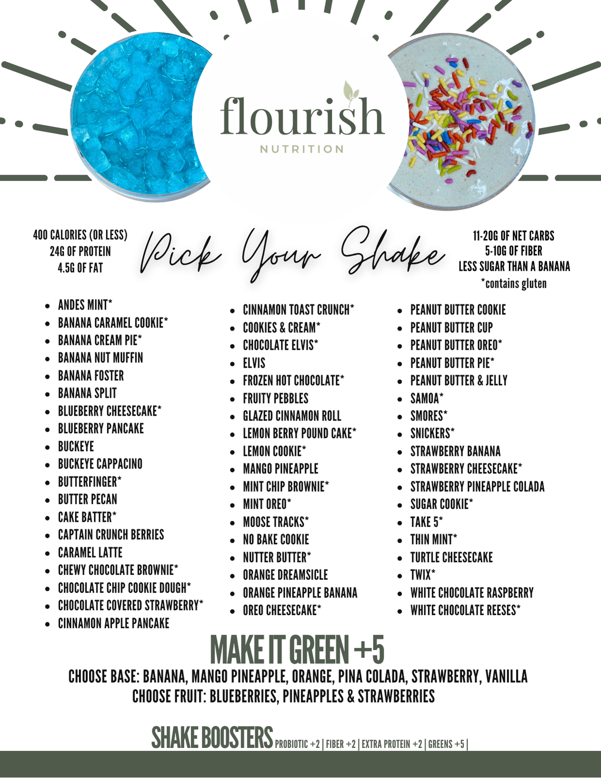 Flourish Nutrition shakes menu board — 400-calorie meal-replacement protein shakes and shake boosters