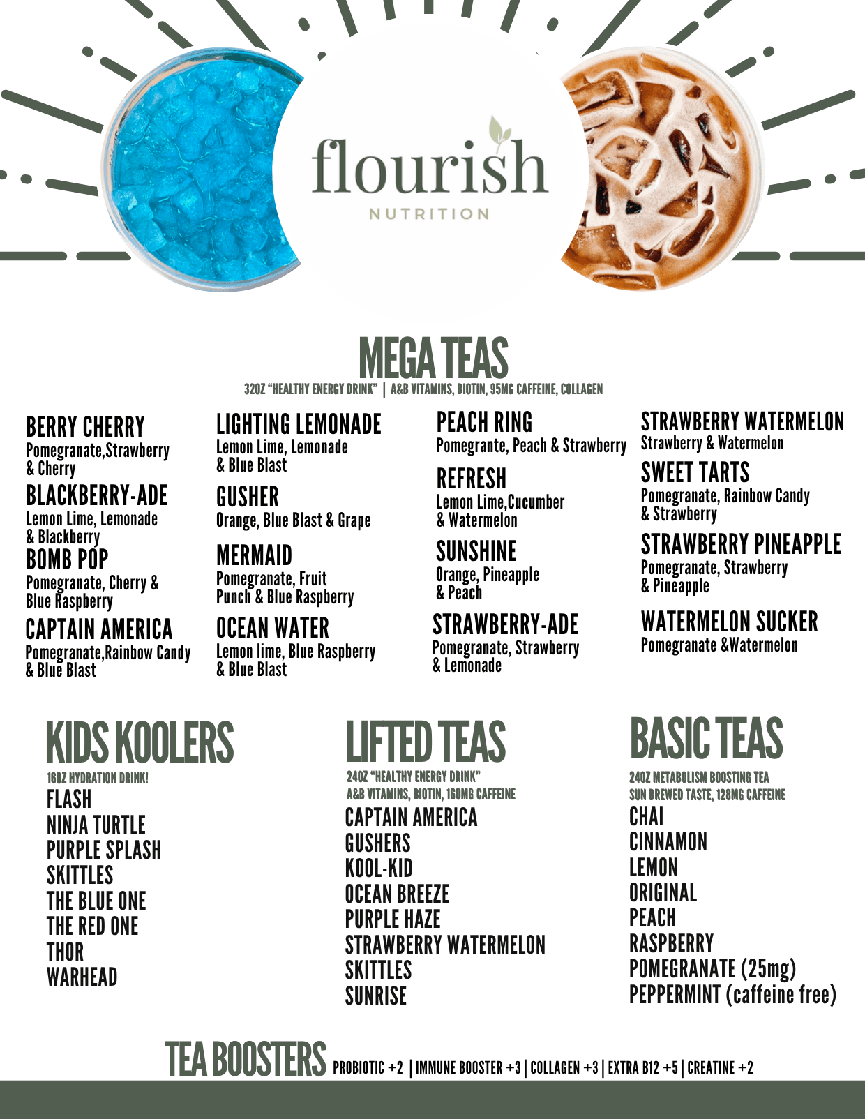 Flourish Nutrition menu board — mega teas, kids koolers, lifted teas, and basic teas