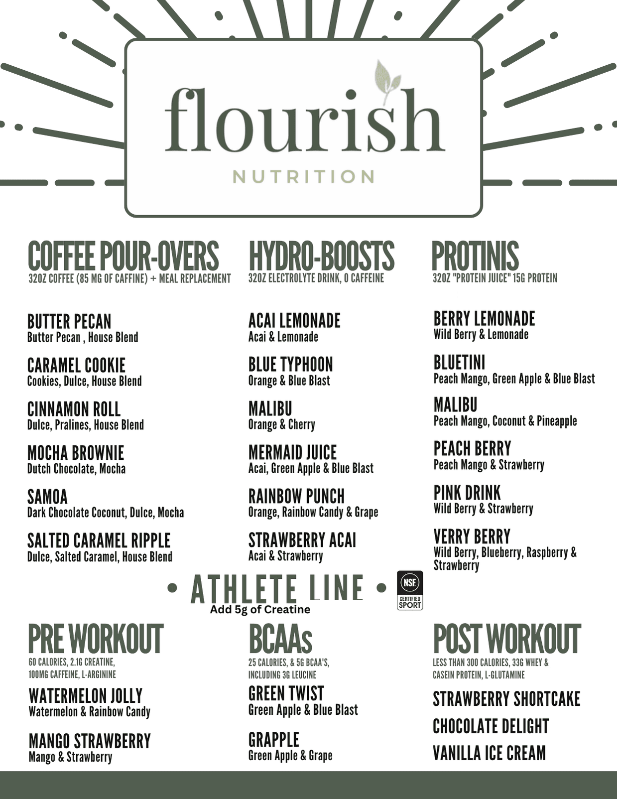 Flourish Nutrition menu board — coffee pour-overs, hydro-boosts, protinis, and the athlete line