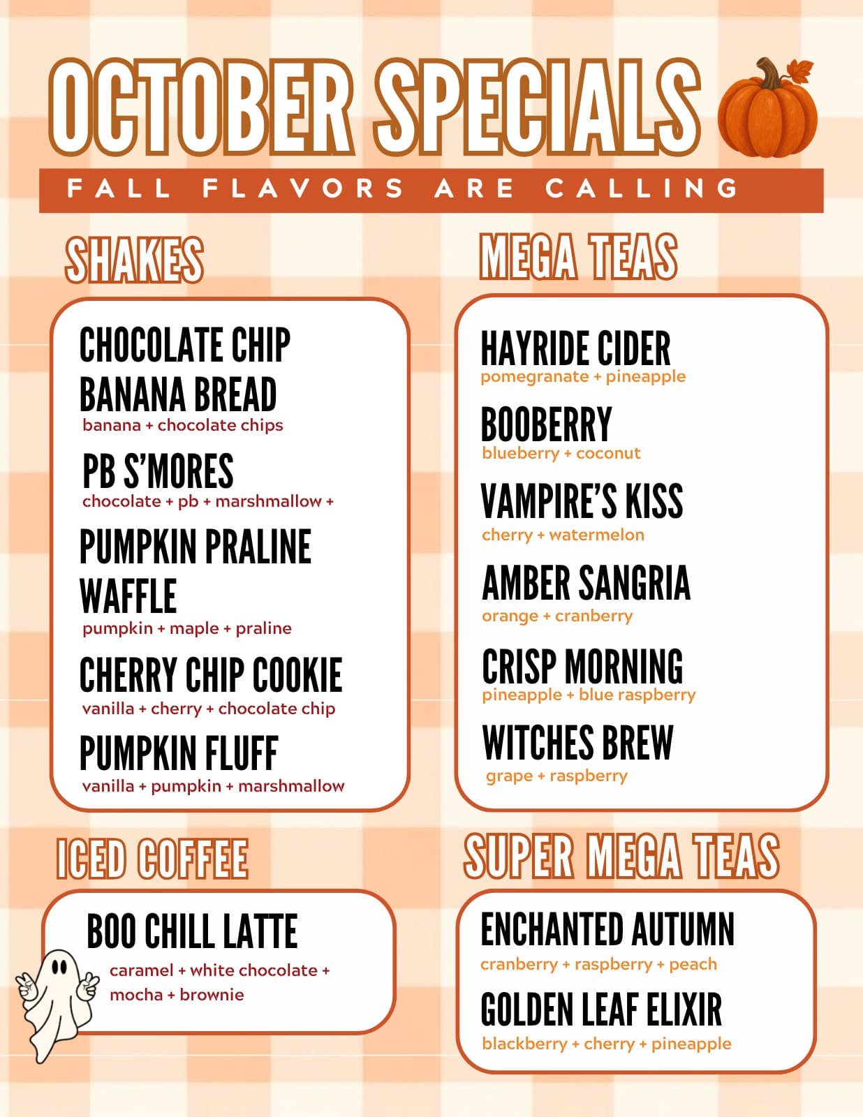 October specials board — fall flavors are calling: pumpkin shakes, spooky mega teas like Witches Brew and Vampire's Kiss, the Boo Chill Latte, and autumn super mega teas